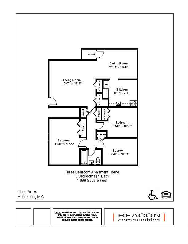Floor plan for 3 beds, 1 bath, 1066 sqft
